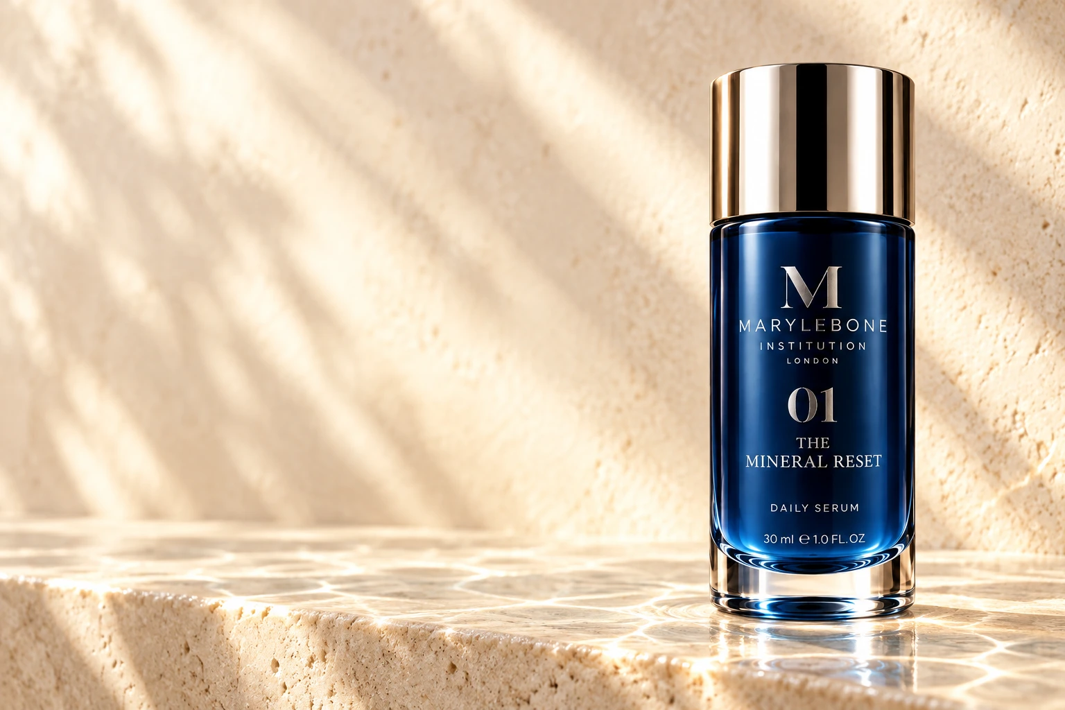 01 — The Mineral Reset mineral-blue bottle with chrome cap, on warm stone in natural light