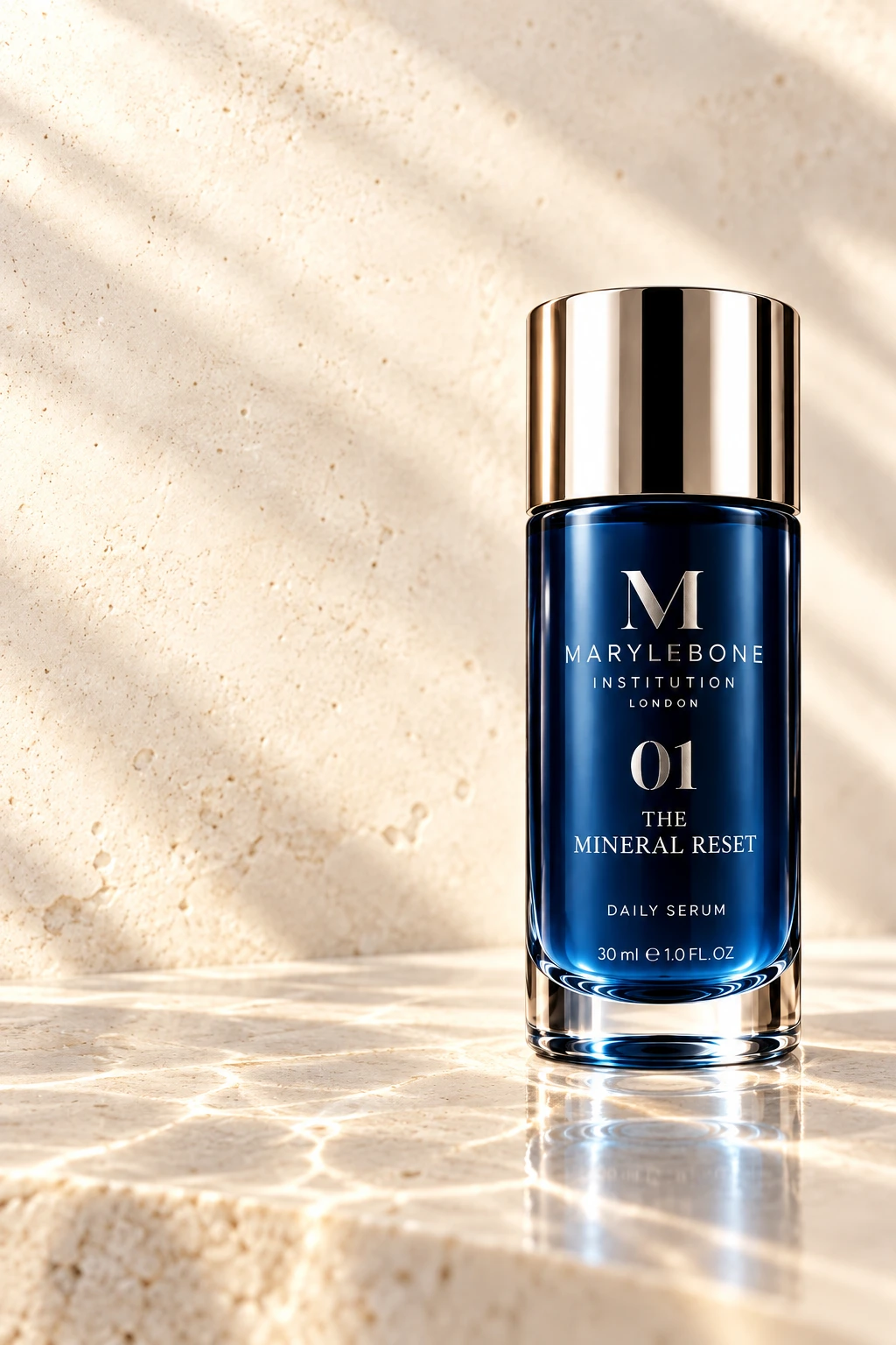 The approved mineral-blue Mineral Reset bottle with chrome cap in warm natural light
