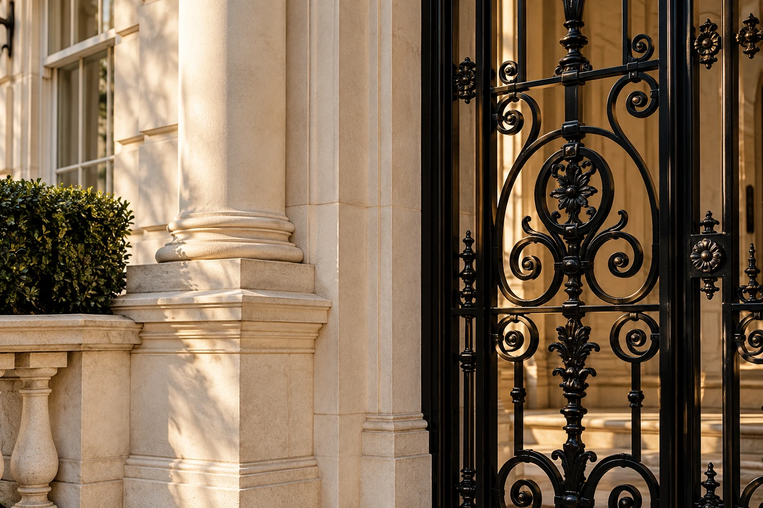 Illustrative Marylebone-style wrought-iron gate and warm stone architectural detail