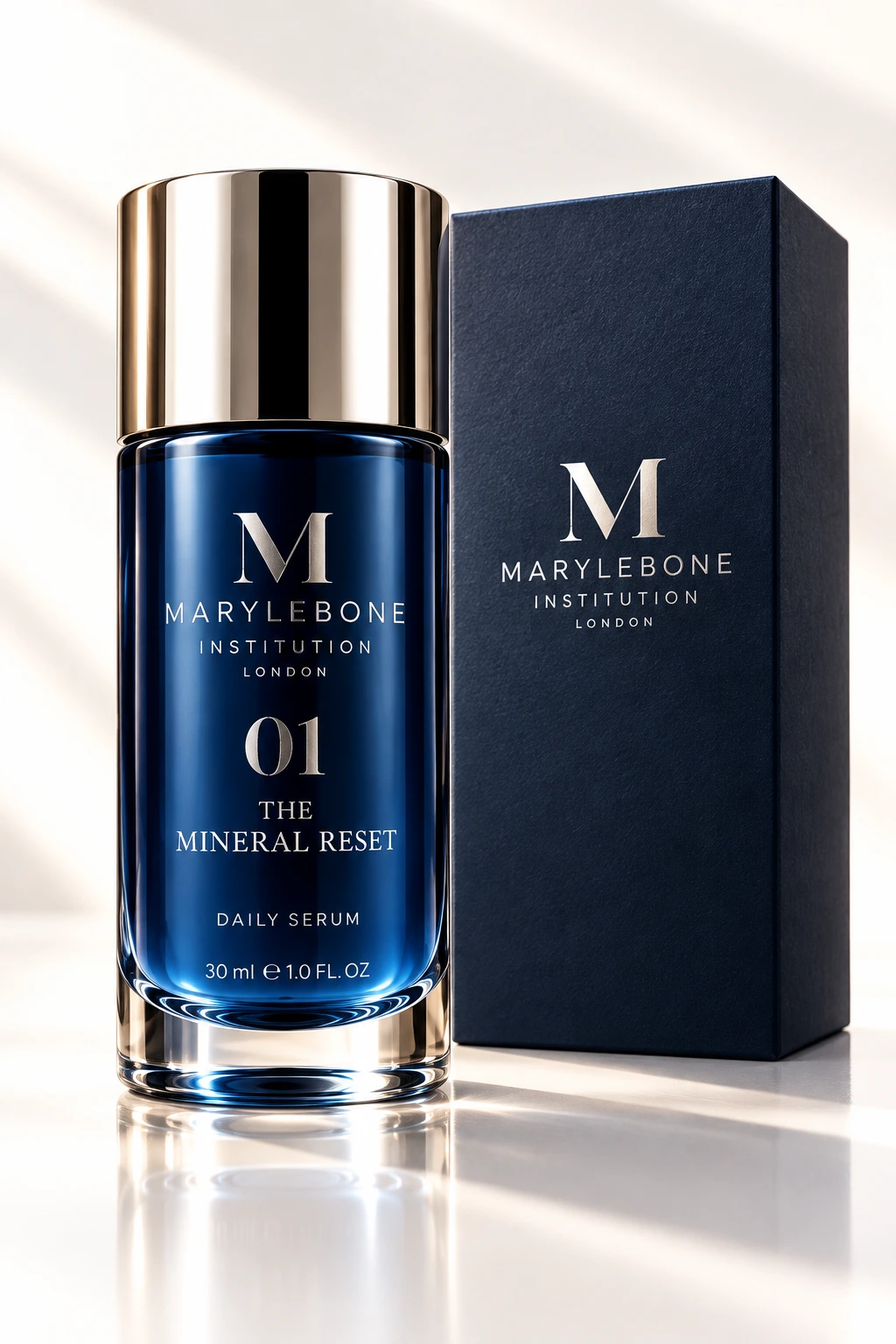 The Mineral Reset mineral-blue bottle and approved midnight-navy packaging